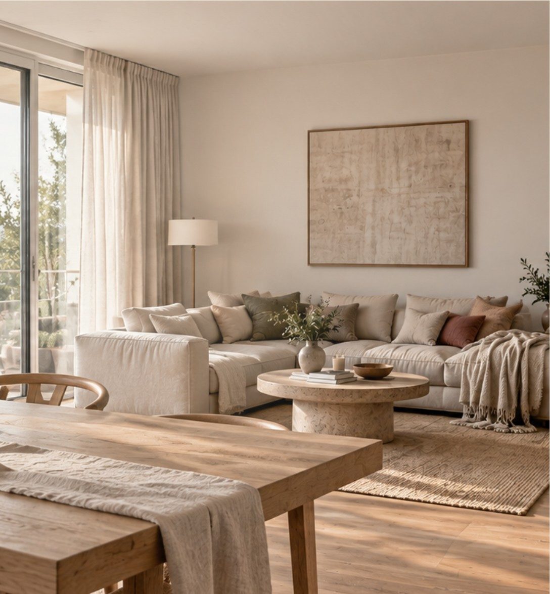 Helles Wohnzimmer mit Holztisch und Sofa