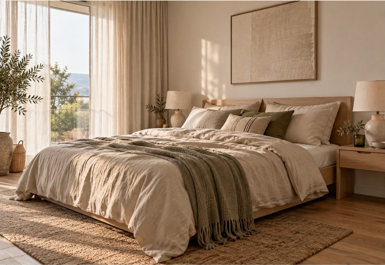 Schlafzimmer mit Leinenbettwäsche