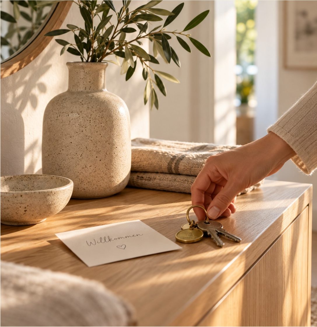 Hand legt Schlüssel und Willkommenskarte auf eine Holzkommode